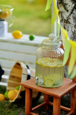 on the nature of a lot of lemon and a pitcher of lemonade on a white background counterの写真素材