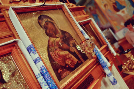 in the church on the background of the icons close-up icon of the Holy Motherの写真素材
