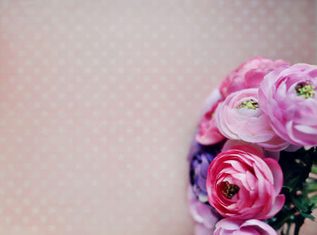 bunch of buds of roses on a pink background and space for text