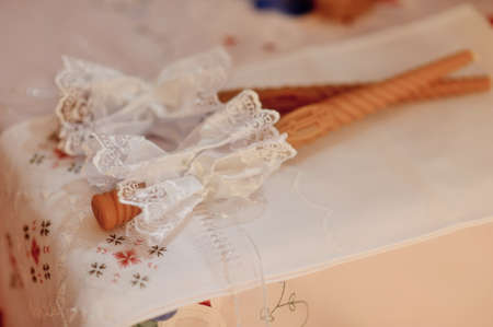 white towel and linen are two wedding candlesの写真素材