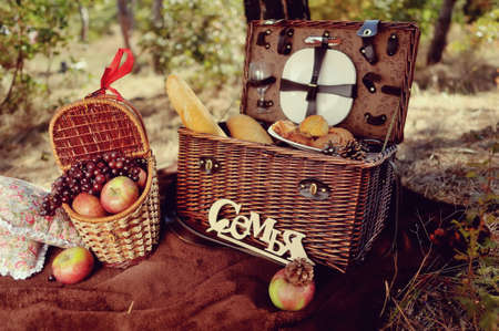 autumn still life in the woods picnic basket with fruit and breadの写真素材