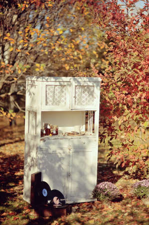 in a sunny autumn garden of the old stuff gramophone and a snack barの写真素材