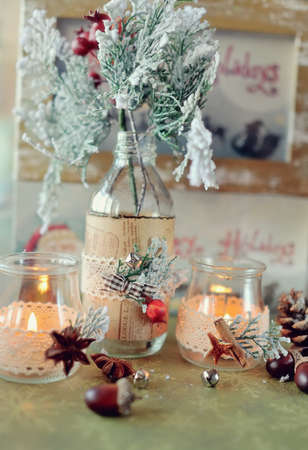 New Year s still life beautiful glass bottles with fire and miscellaneous itemsの写真素材