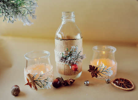 New Year s still life beautiful glass bottles with fire and miscellaneous itemsの写真素材