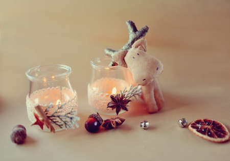 New Year s still life beautiful glass bottles with fire and deerの写真素材