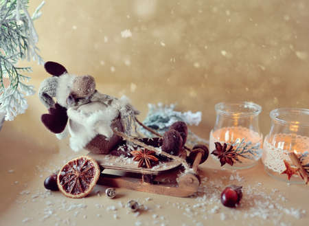 New Year s still life beautiful glass bottles with fire and reindeer sleigh ridesの写真素材