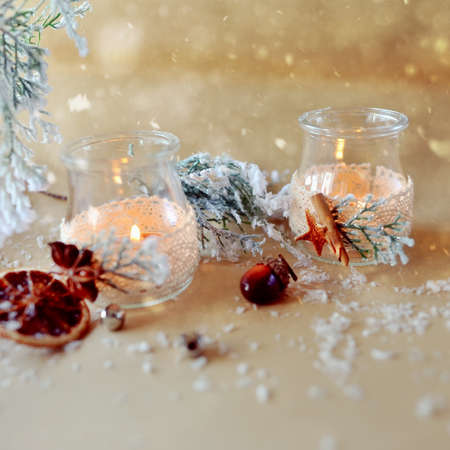 New Year s still life beautiful glass bottles with fire and miscellaneous itemsの写真素材