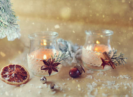 New Year s still life beautiful glass bottles with fire and miscellaneous itemsの写真素材