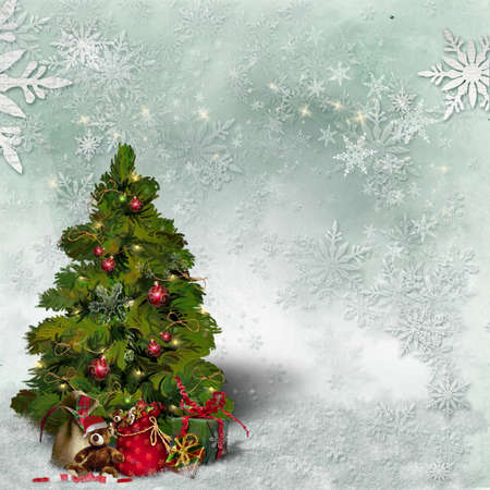 Christmas and New Year card Christmas tree with toys and gifts and place for textの写真素材