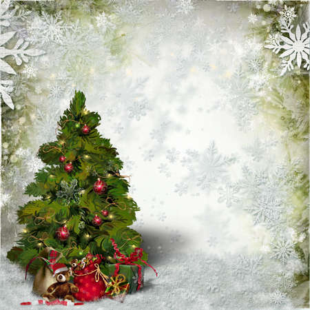 Christmas and New Year card Christmas tree with toys and gifts and place for textの写真素材