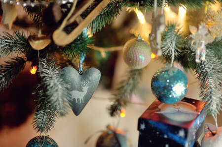 colorful bright and beautiful Christmas tree decorated with New Year s toys on the new yearの写真素材