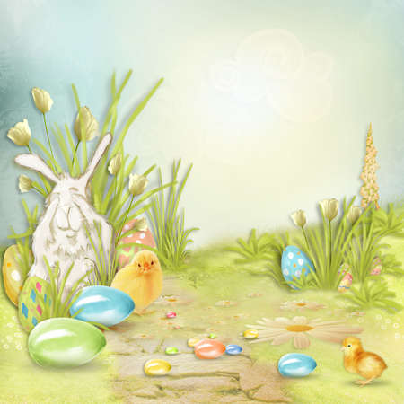 Easter collage with space for text with rabbits, flowers and eggsの写真素材