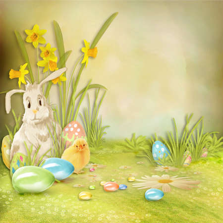 Easter collage with space for text with rabbits, flowers and eggsの写真素材