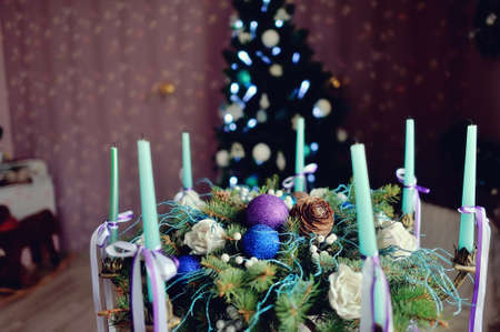 The original beautiful Christmas still life with toys, cones, balls and Christmas candlesの写真素材