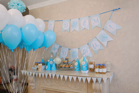 decorative ornaments festive room in white and blue colorの写真素材