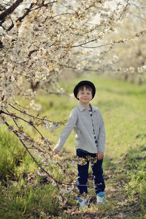in nature in a flowering garden a little boy in a blue shirt and hat