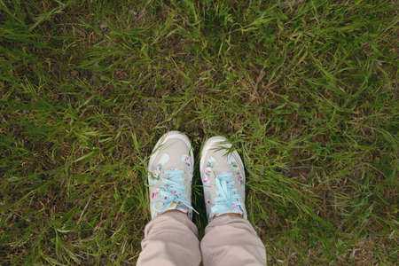 on green grass are beautiful female legs colored sneakersの写真素材