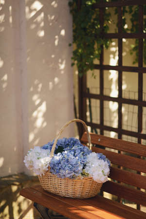 on a wooden bench at the window wicker basket with a bouquet of hydrangeaの写真素材