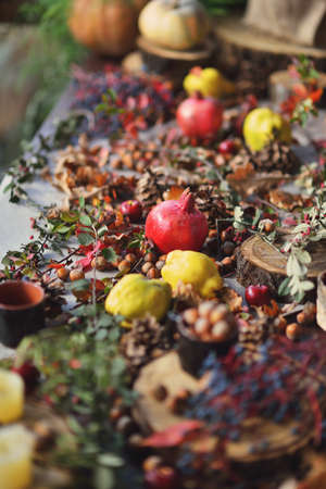 wooden table with leaves berries, lemon, pomegranate, a cup of nutsの写真素材