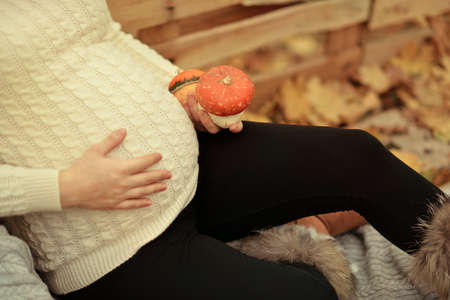 pregnant belly in a white knitted sweater and pumpkin in handの写真素材