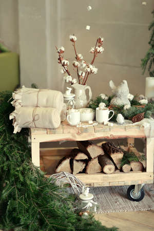 Christmas decoration -web and cotton bolls in a vase, green tree branches cup cocoaの写真素材