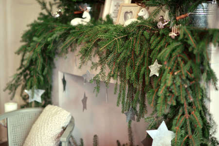 thuja green branches with cones and burning lights garlandの写真素材