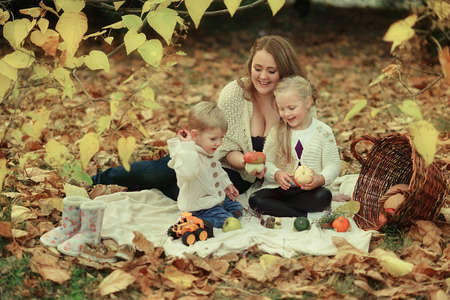 sunny autumn forest resting sitting in foliage mother with her cute childrenの写真素材