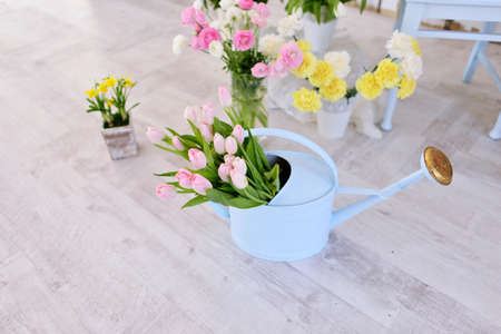 standing on a wooden background watering can with a bouquet of pink tulipsの写真素材