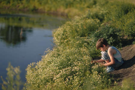 summer evening a little boy in jeans playing in the grass by the riverの写真素材