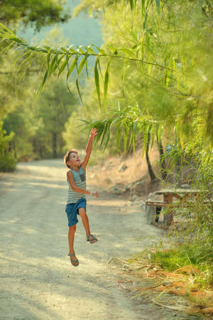 sunny summer day in the park jumping cute boy in blue shortsの写真素材