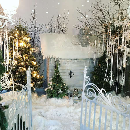 Winter fairy tale at the house in the forest - tree with lights and pine conesの写真素材