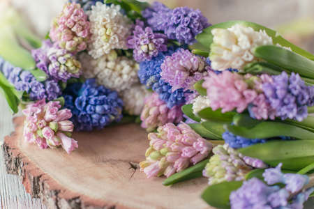 Background with fresh pink, violet and blue  hyacinths on    wooden planks. Selective focus. Place for text. Square image.の写真素材