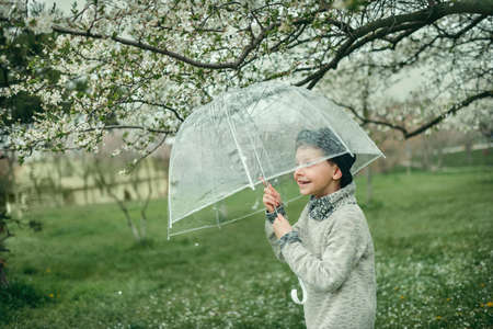 Spring garden with flowering trees a cute little boy with a hat under a transparent umbrellaの写真素材