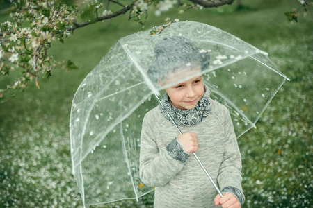 Spring garden with flowering trees a cute little boy with a hat under a transparent umbrellaの写真素材