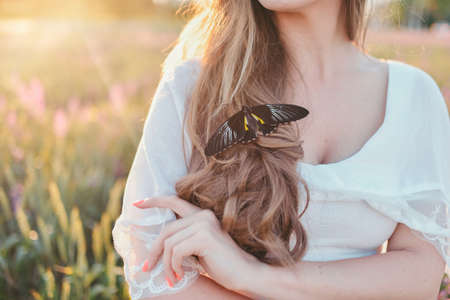 girl with long hair and big, beautiful butterflyの写真素材
