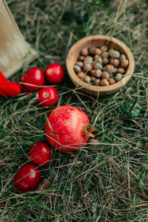 on the green grass red apple with a pomegranate and a wooden plate with nuts and biscuitsの写真素材