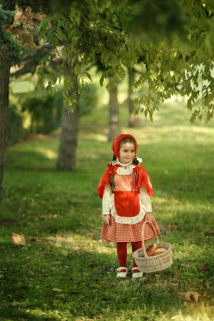 a scene from a fairy tale forest girl red cap with a basket and the Grey Wolfの写真素材