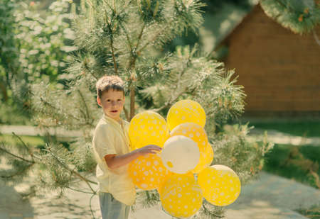 sunny day outdoors pine boy with yellow balloonsの写真素材