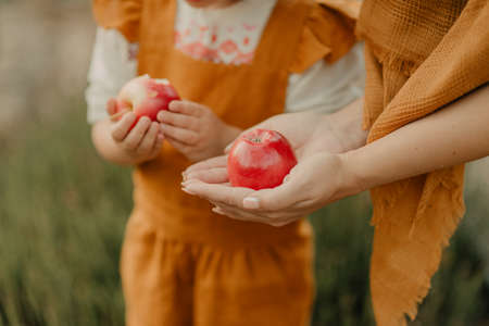Child in orange overalls holding fruitの写真素材