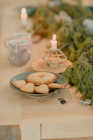 decorated New Year's table in light turquoise colorsの写真素材