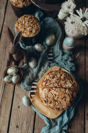 traditional fresh baked goods for easter in rustic styleの写真素材