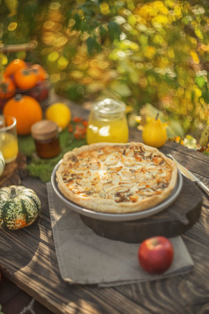 Culinary pastries, open pie with vegetables or fruits with pumpkinsの写真素材