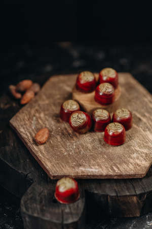 Filled chocolates. Handmade chocolate. Customized gift wrappingの写真素材