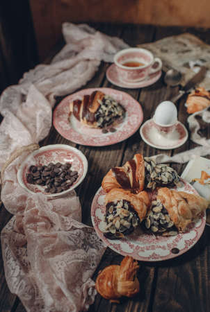 growing with chocolate and almonds for breakfast teaの写真素材