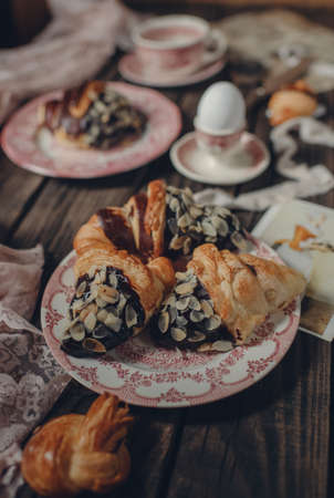growing with chocolate and almonds for breakfast teaの写真素材