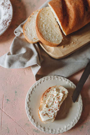 homemade fresh white khdeb on wheat flour cut into piecesの写真素材
