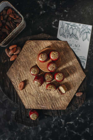 Filled chocolates. Handmade chocolate. Customized gift wrappingの写真素材