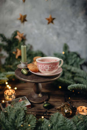 Traditional tea drinking. Table setting for tea drinking. Tea with spices.の写真素材