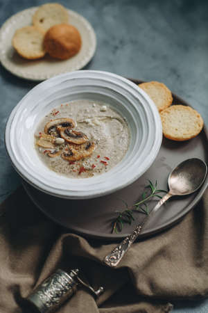 mushroom soup puree in a white plateの写真素材