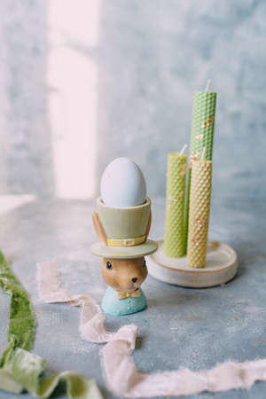 Spring Easter still life, Easter eggs in pastel colorsの写真素材